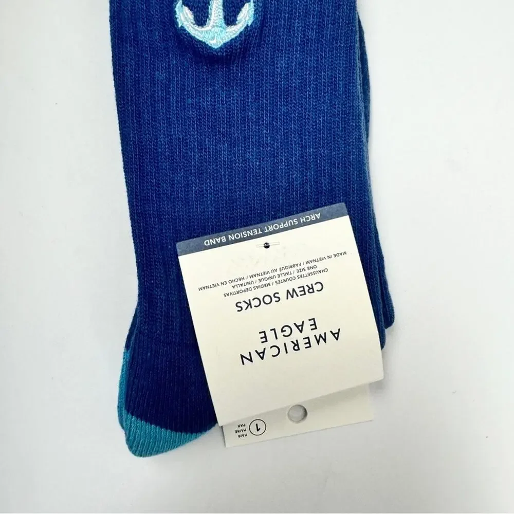 American Eagle Women's Preppy Style Crew Socks with Anchor Design One Pack NWT